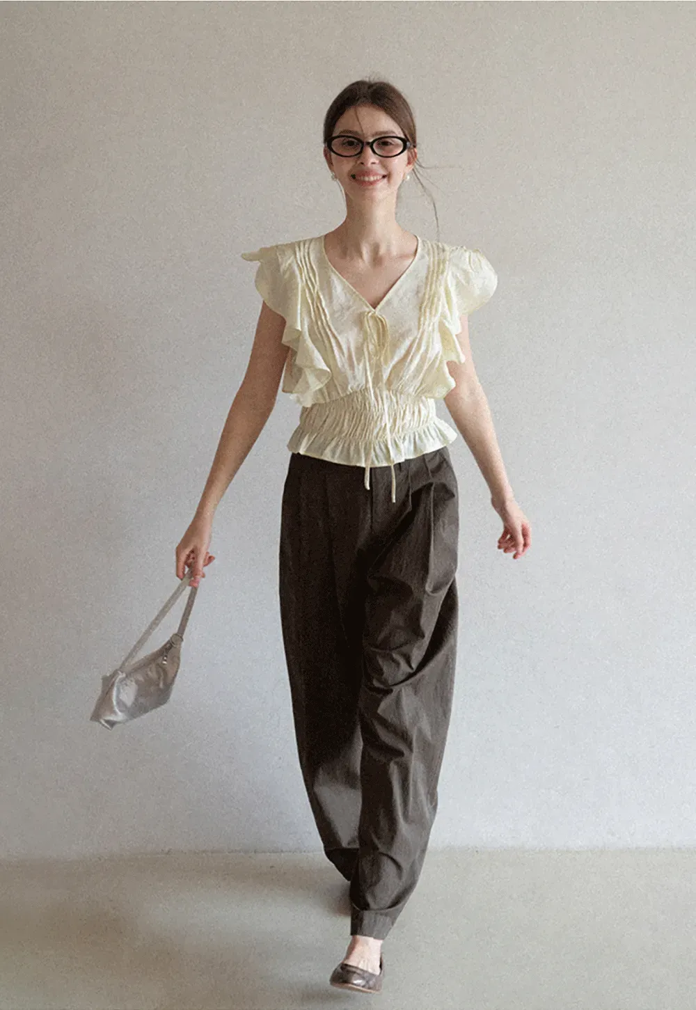 Ruffled Short Sleeve Top with Drawstring Waist