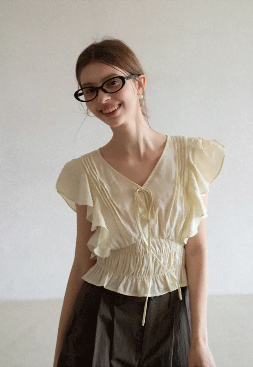 Ruffled Short Sleeve Top with Drawstring Waist