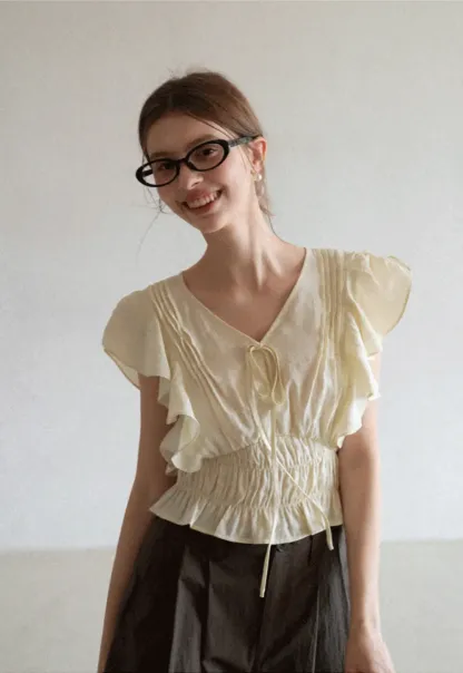 Ruffled Short Sleeve Top with Drawstring Waist