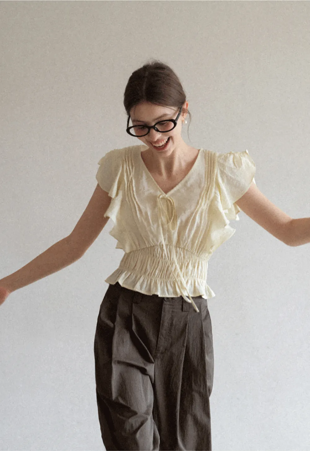 Ruffled Short Sleeve Top with Drawstring Waist