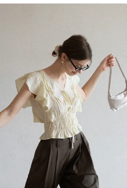 Ruffled Short Sleeve Top with Drawstring Waist