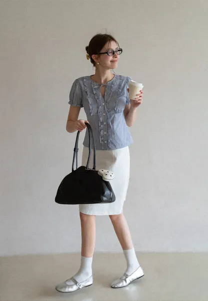 Striped short sleeve shirt with ruffles and tie front