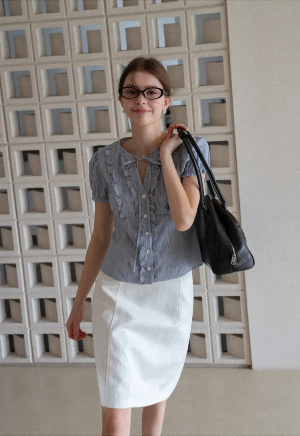 Striped short sleeve shirt with ruffles and tie front