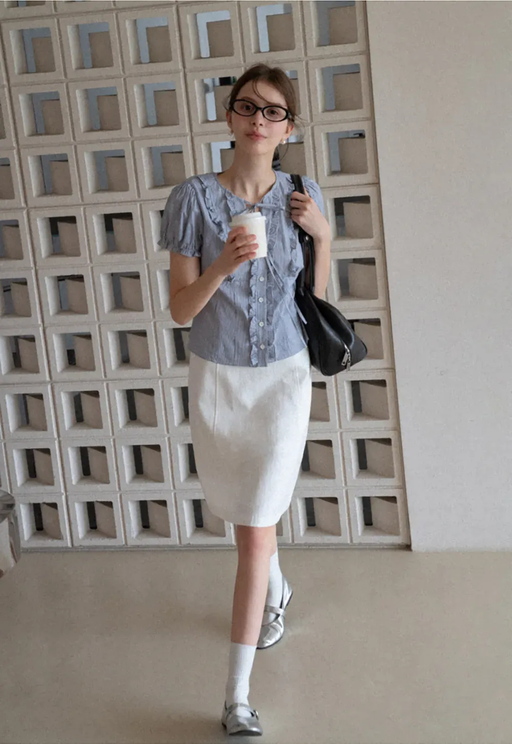 Striped short sleeve shirt with ruffles and tie front