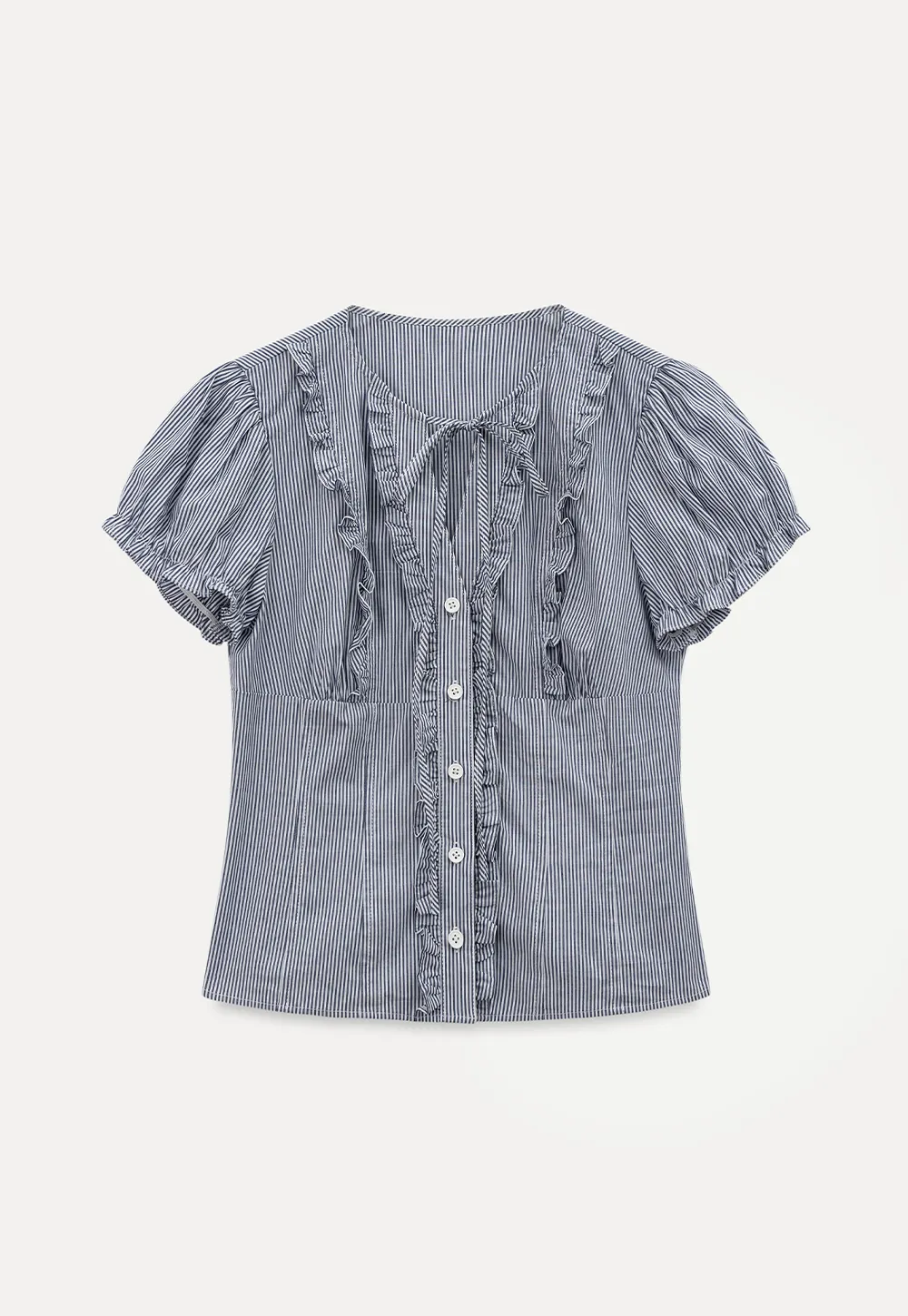 Striped short sleeve shirt with ruffles and tie front