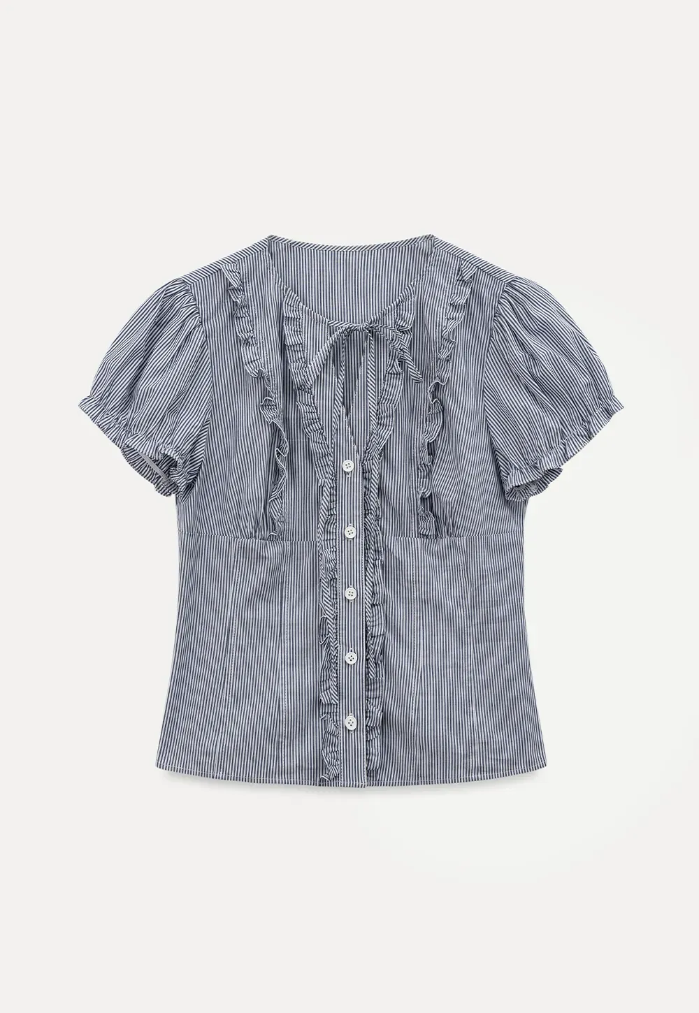 Striped short sleeve shirt with ruffles and tie front