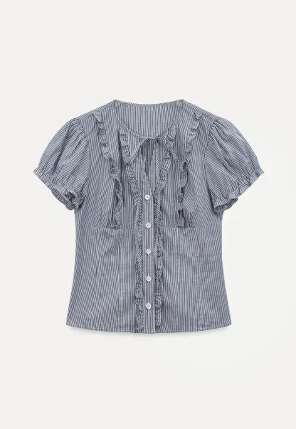 Striped short sleeve shirt with ruffles and tie front