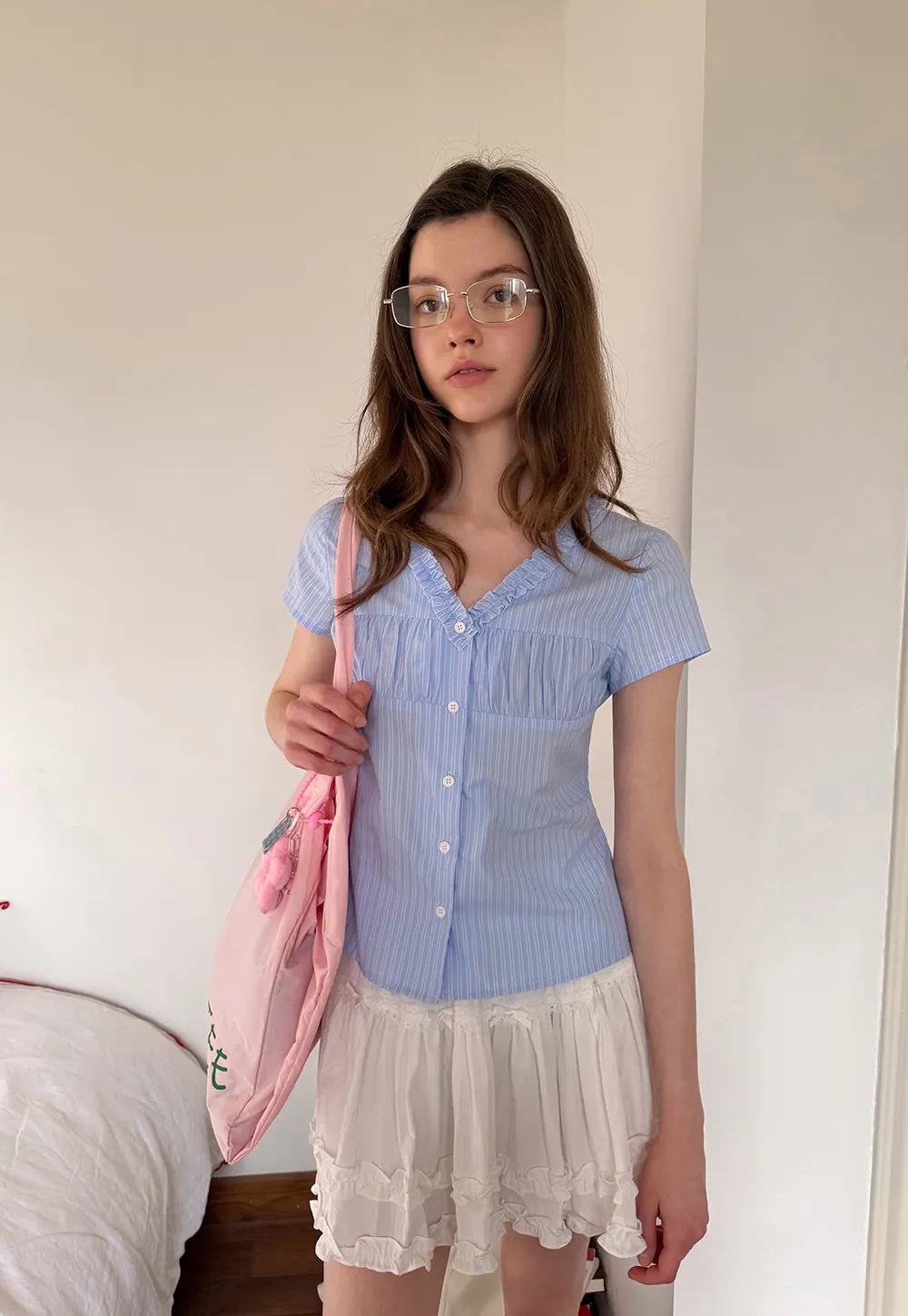 Short Sleeve Button Up Shirt with Ruffled Collar