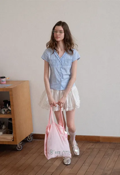 Short Sleeve Button Up Shirt with Ruffled Collar