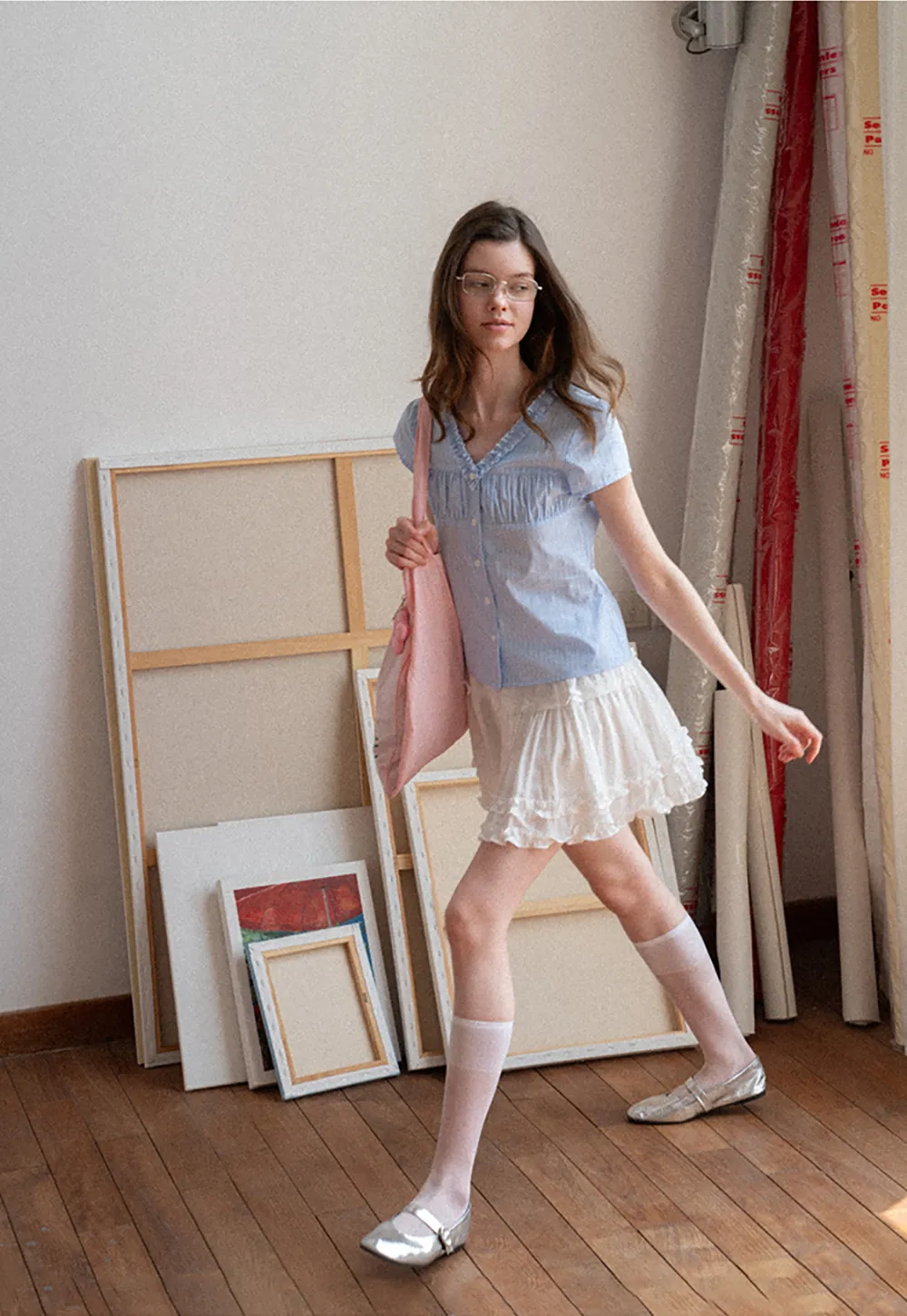 Short Sleeve Button Up Shirt with Ruffled Collar