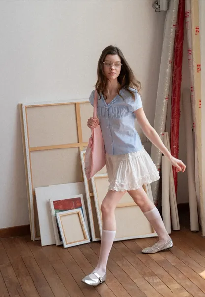 Short Sleeve Button Up Shirt with Ruffled Collar