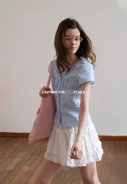 Short Sleeve Button Up Shirt with Ruffled Collar