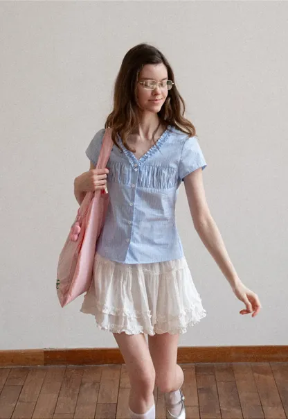 Short Sleeve Button Up Shirt with Ruffled Collar