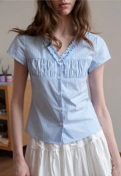 Short Sleeve Button Up Shirt with Ruffled Collar