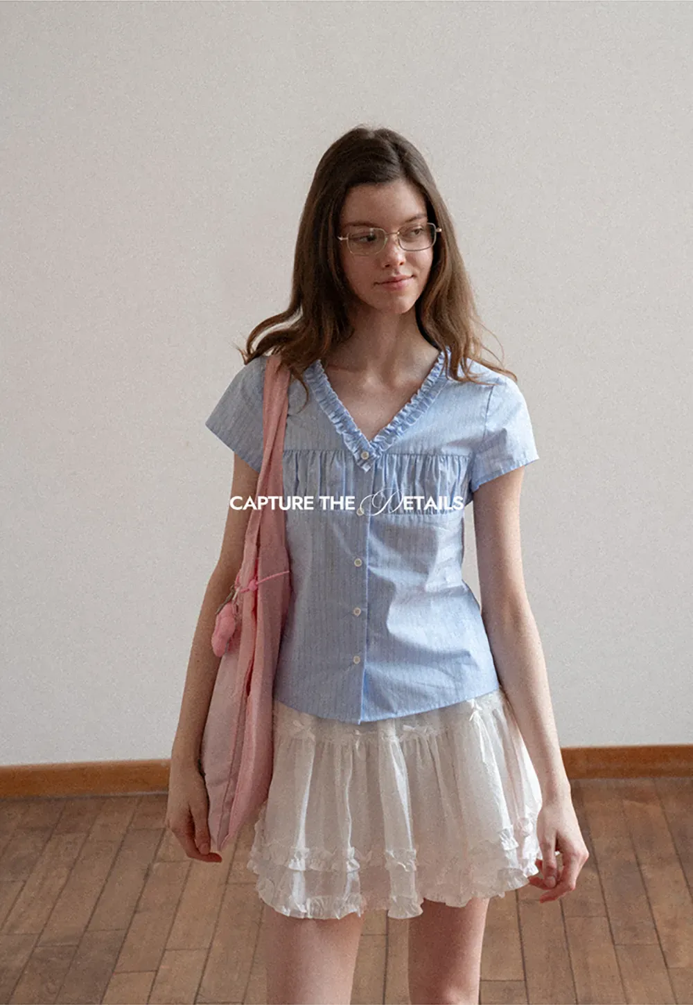 Short Sleeve Button Up Shirt with Ruffled Collar
