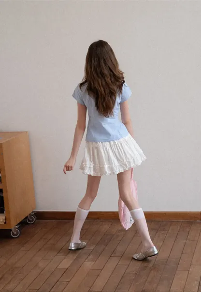 Short Sleeve Button Up Shirt with Ruffled Collar