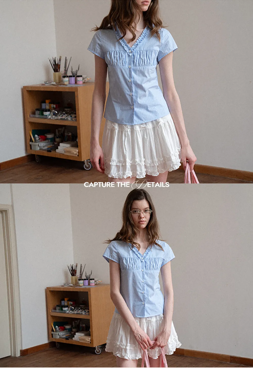 Short Sleeve Button Up Shirt with Ruffled Collar