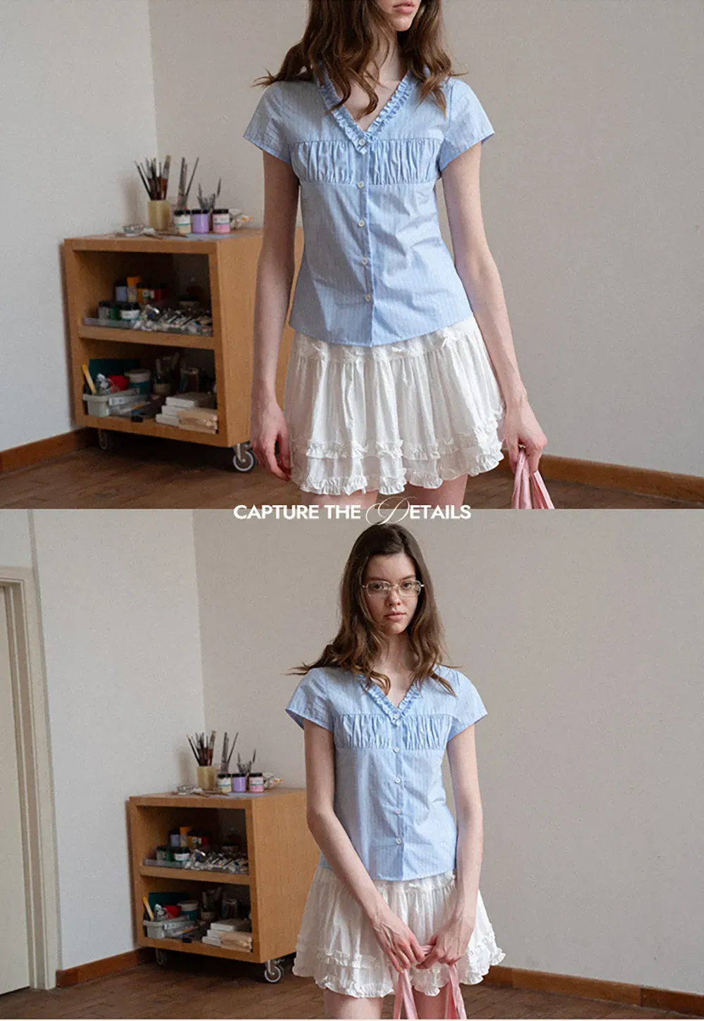 Short Sleeve Button Up Shirt with Ruffled Collar