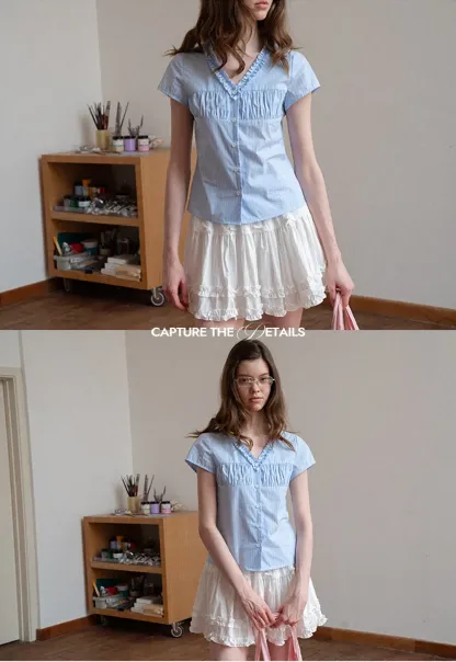 Short Sleeve Button Up Shirt with Ruffled Collar