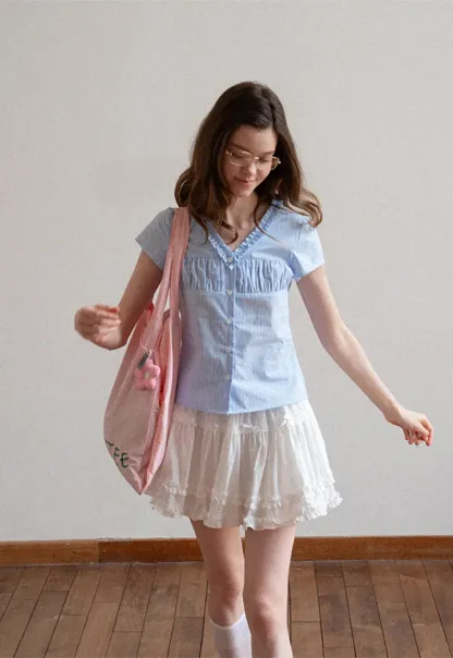 Short Sleeve Button Up Shirt with Ruffled Collar