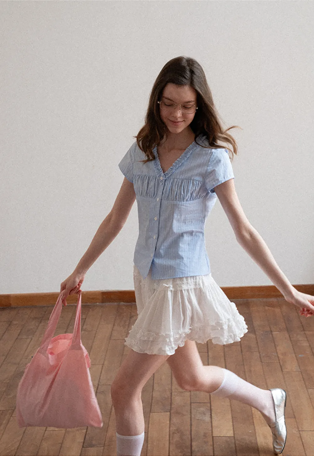 Short Sleeve Button Up Shirt with Ruffled Collar