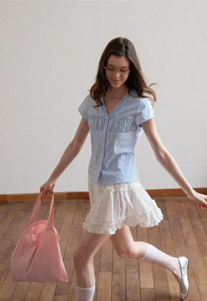 Short Sleeve Button Up Shirt with Ruffled Collar