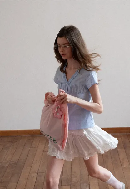 Short Sleeve Button Up Shirt with Ruffled Collar