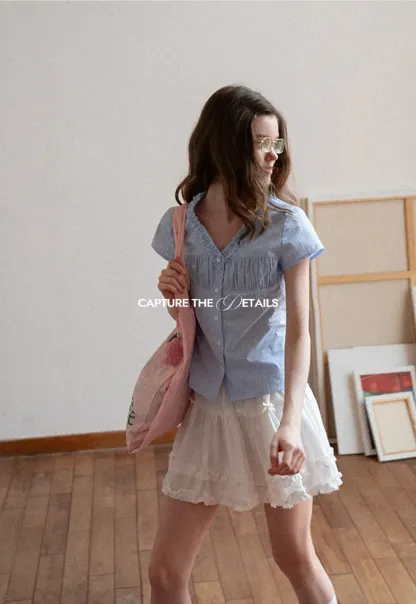 Short Sleeve Button Up Shirt with Ruffled Collar