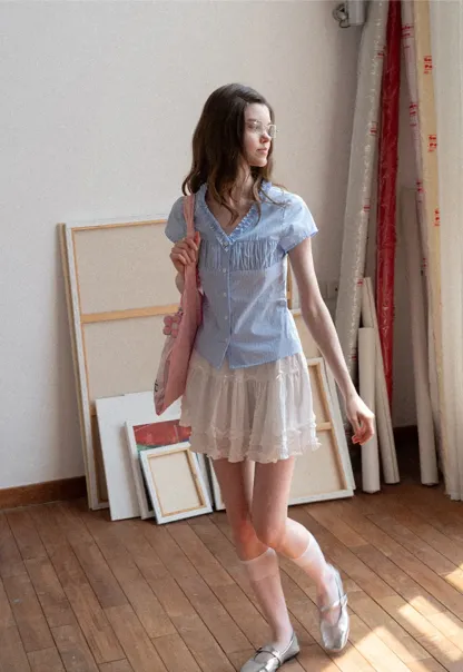 Short Sleeve Button Up Shirt with Ruffled Collar