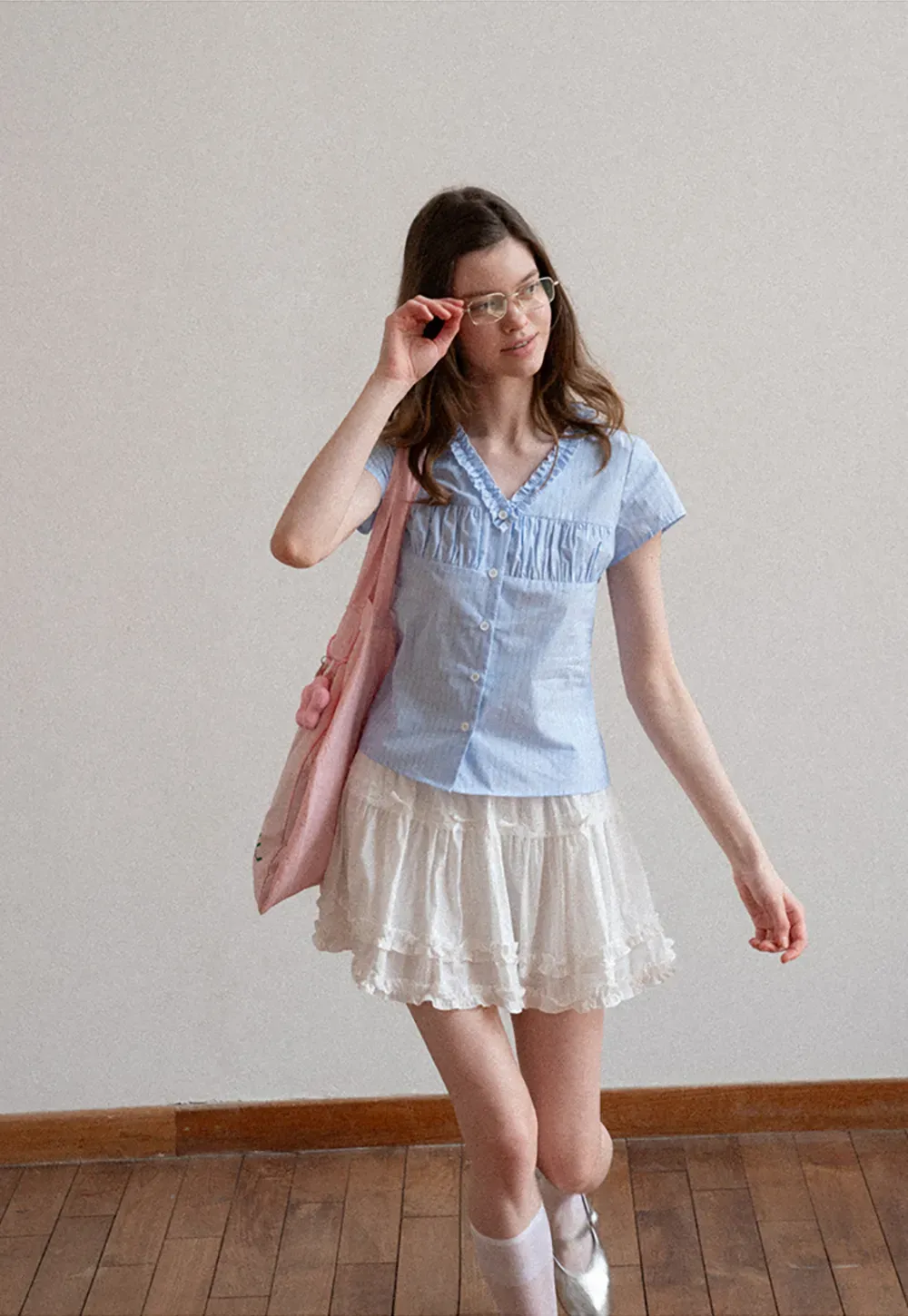 Short Sleeve Button Up Shirt with Ruffled Collar