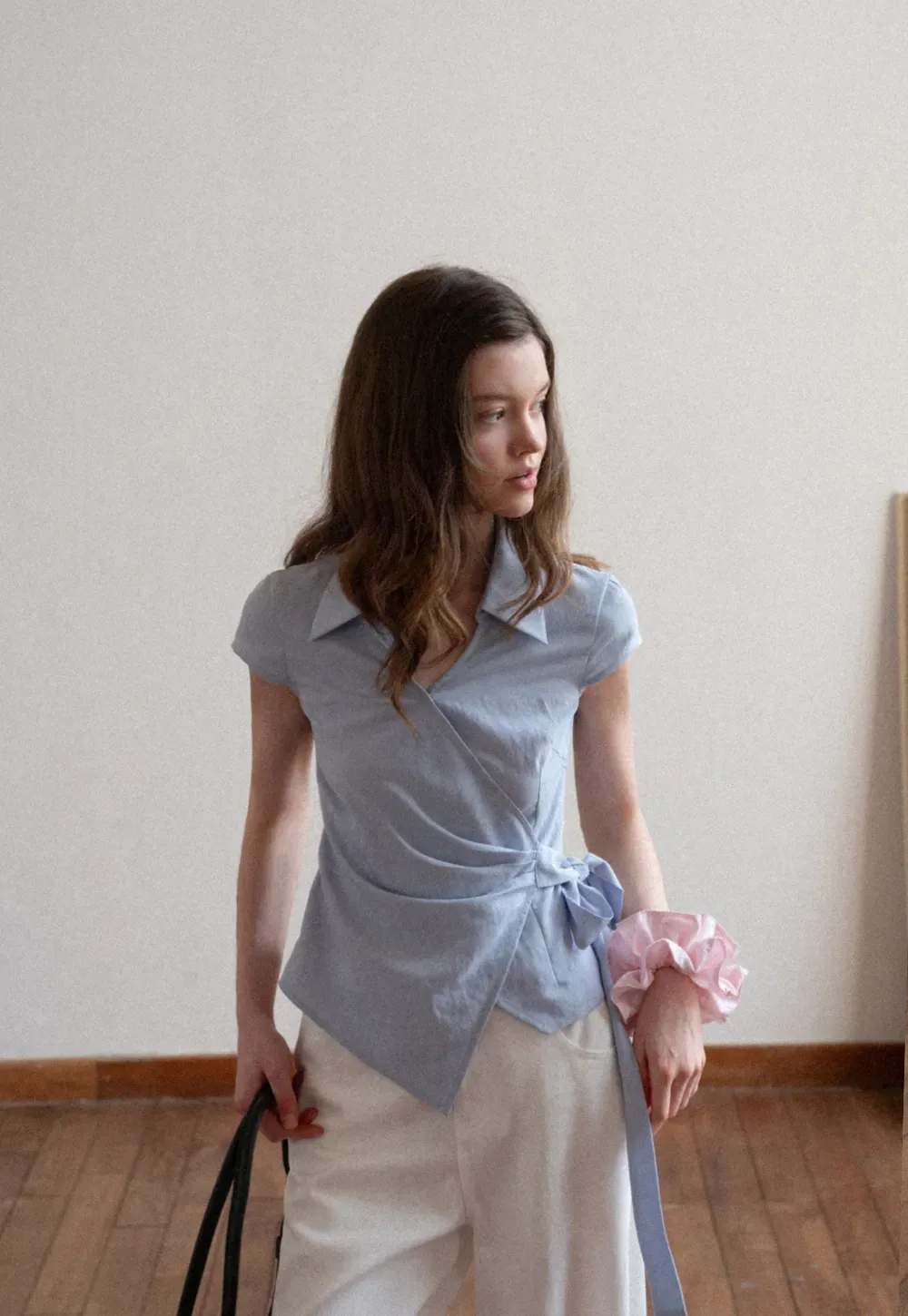 Short Sleeve Wrap Shirt with Tie Waist
