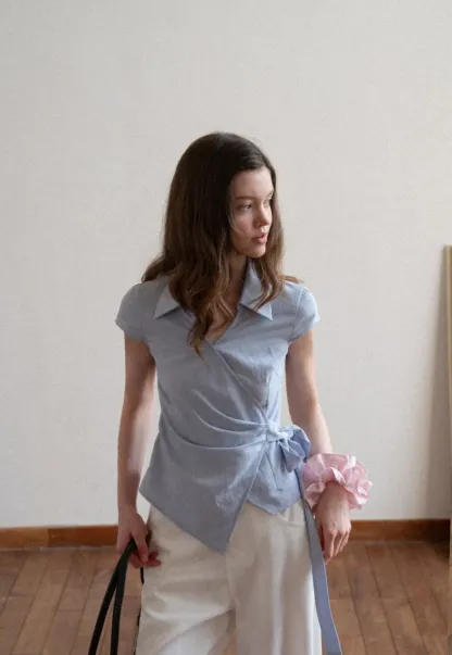 Short Sleeve Wrap Shirt with Tie Waist