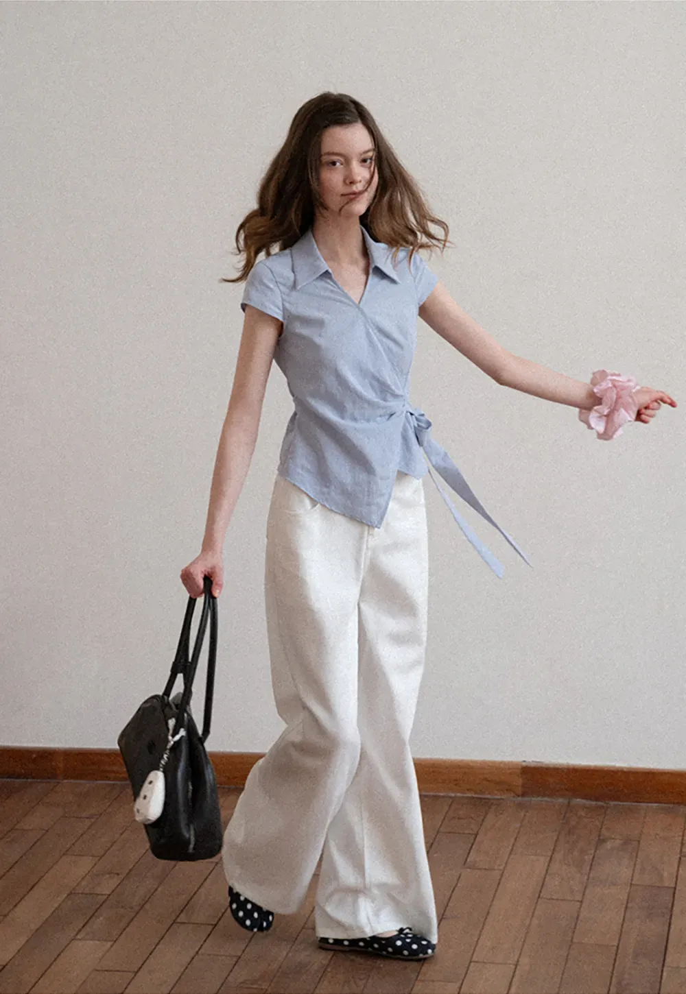 Short Sleeve Wrap Shirt with Tie Waist