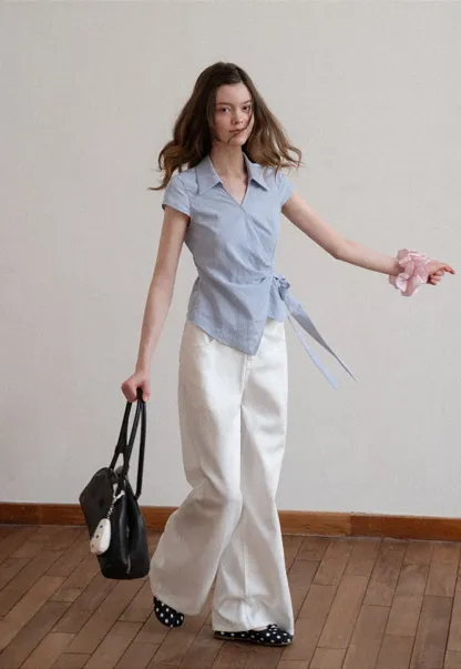 Short Sleeve Wrap Shirt with Tie Waist