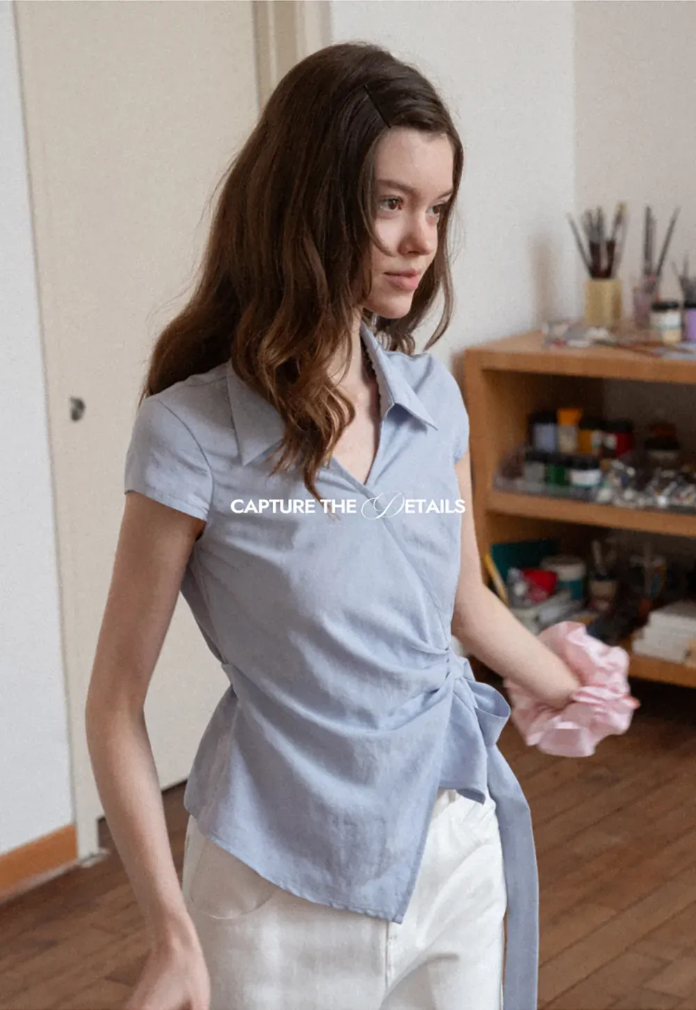 Short Sleeve Wrap Shirt with Tie Waist