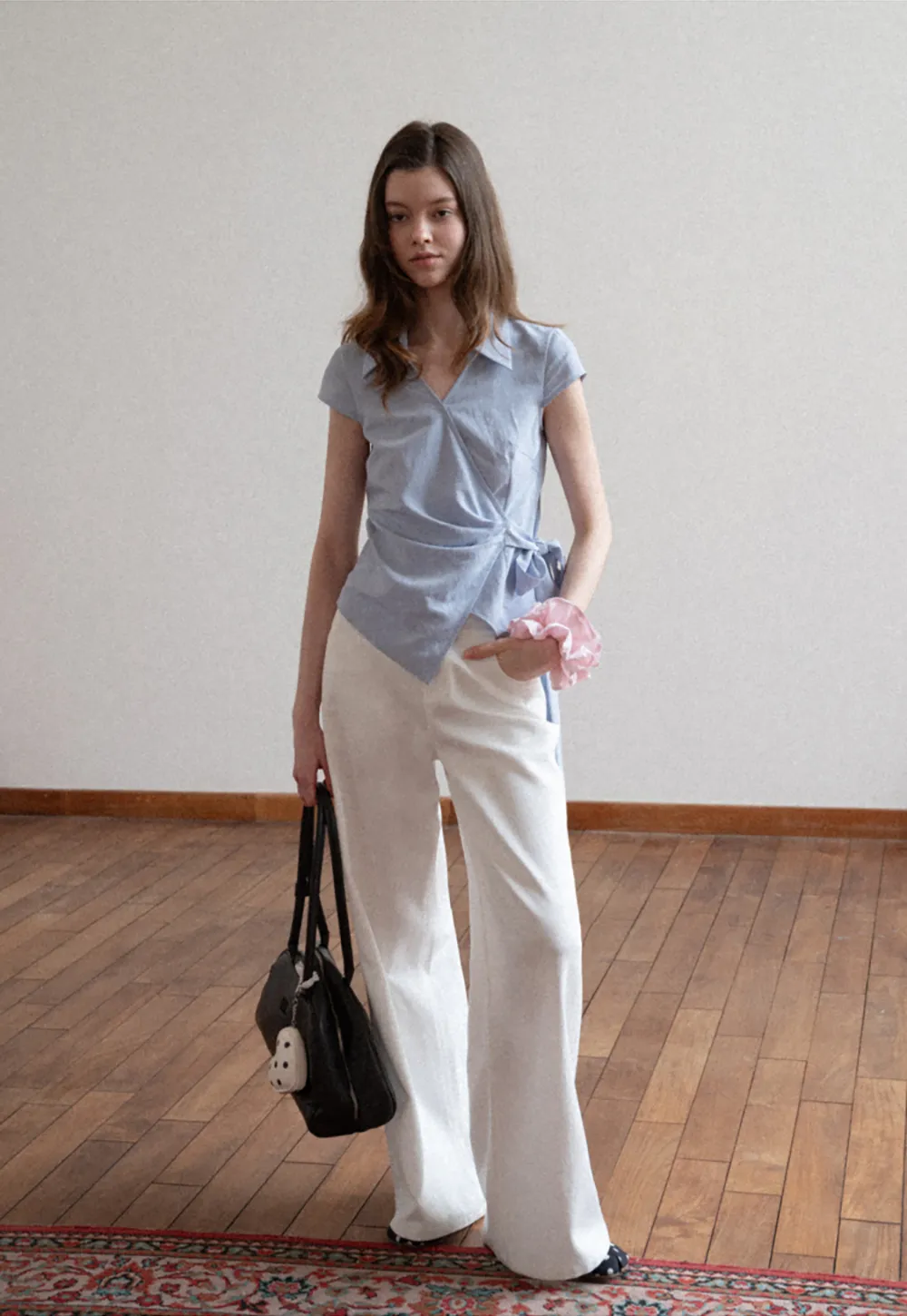 Short Sleeve Wrap Shirt with Tie Waist