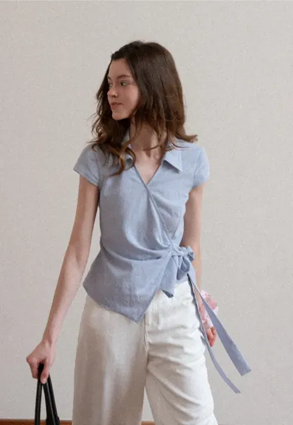 Short Sleeve Wrap Shirt with Tie Waist