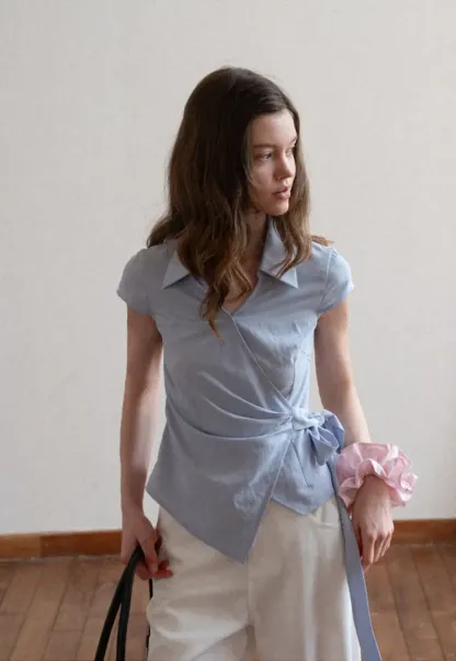 Short Sleeve Wrap Shirt with Tie Waist