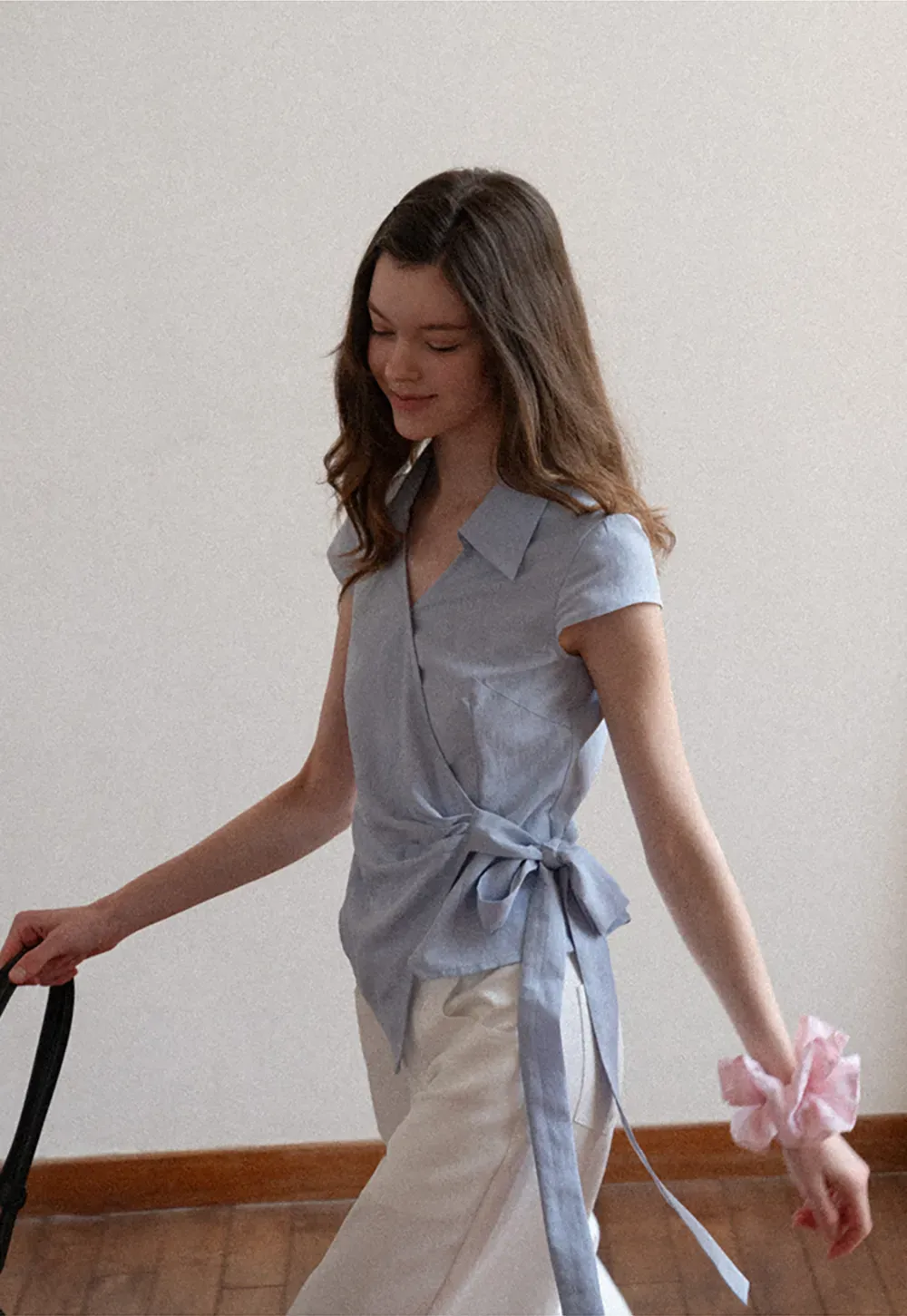 Short Sleeve Wrap Shirt with Tie Waist