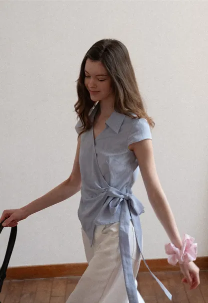 Short Sleeve Wrap Shirt with Tie Waist