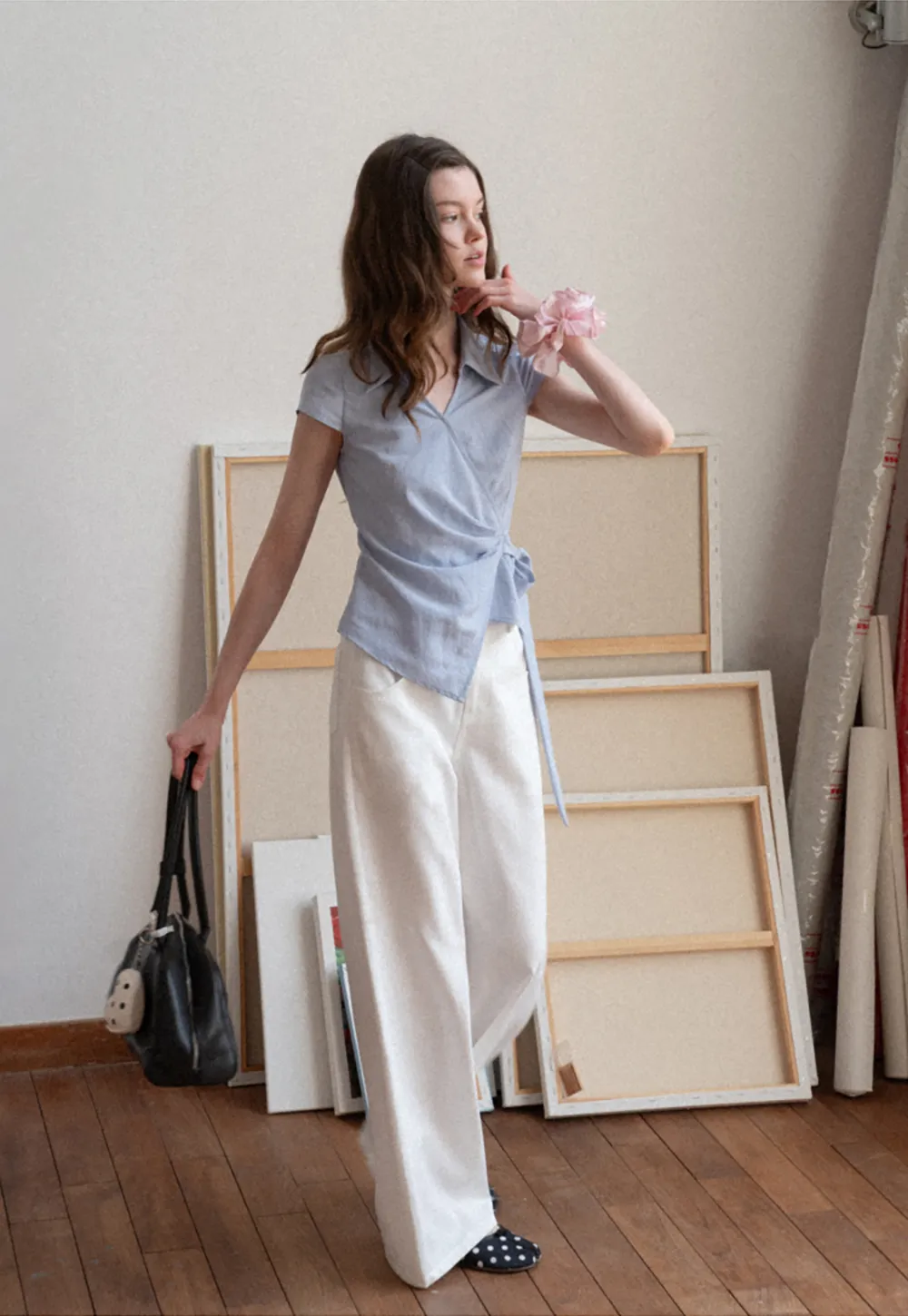Short Sleeve Wrap Shirt with Tie Waist