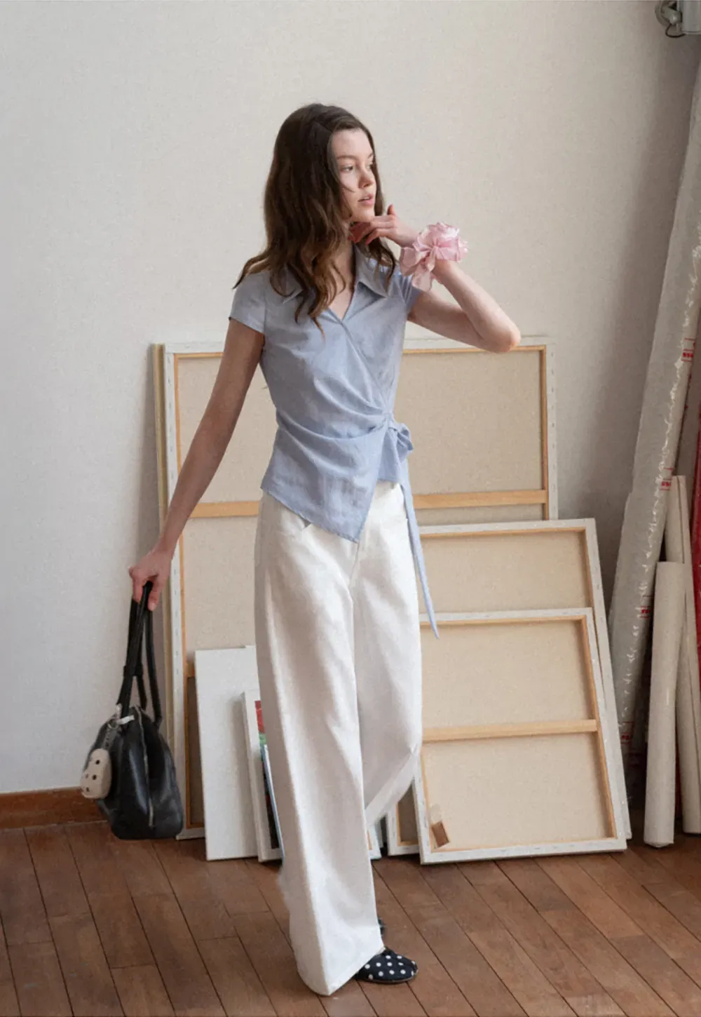 Short Sleeve Wrap Shirt with Tie Waist
