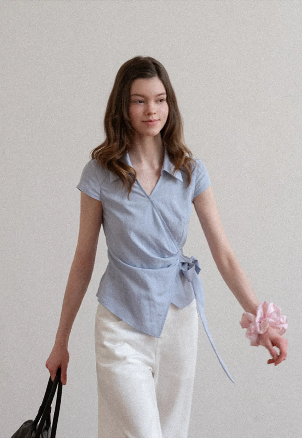 Short Sleeve Wrap Shirt with Tie Waist
