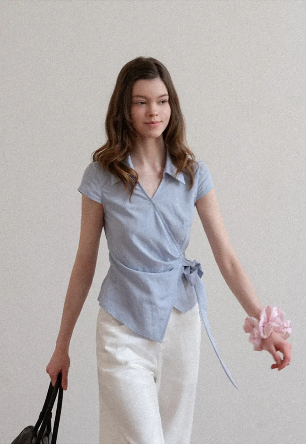 Short Sleeve Wrap Shirt with Tie Waist