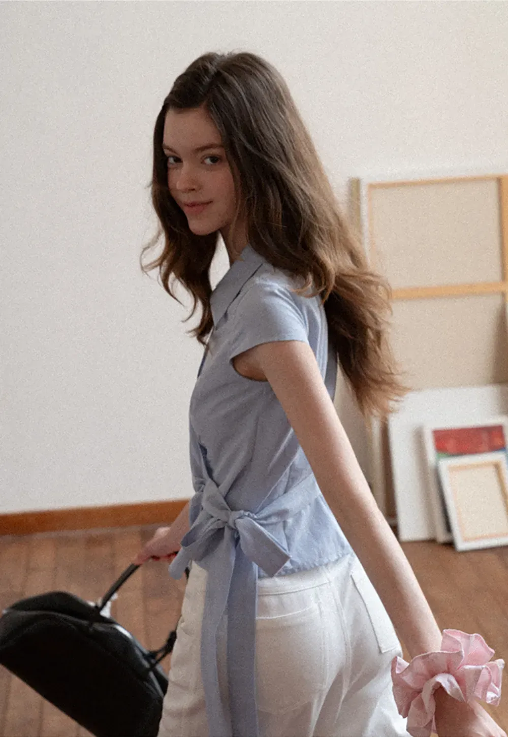 Short Sleeve Wrap Shirt with Tie Waist