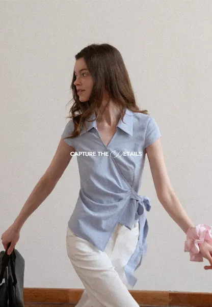 Short Sleeve Wrap Shirt with Tie Waist