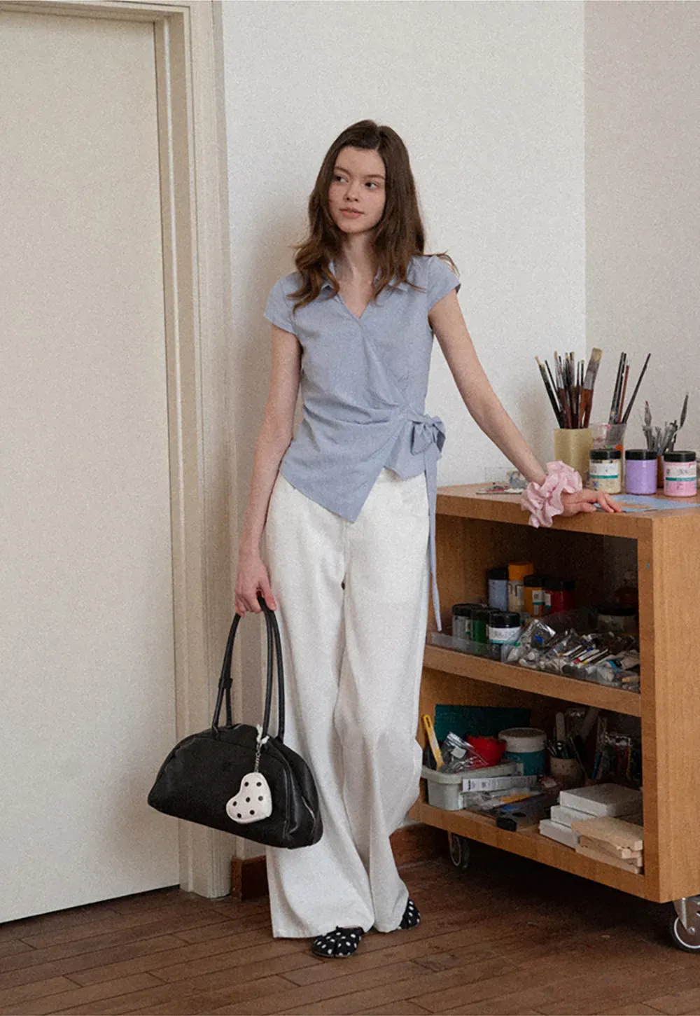 Short Sleeve Wrap Shirt with Tie Waist
