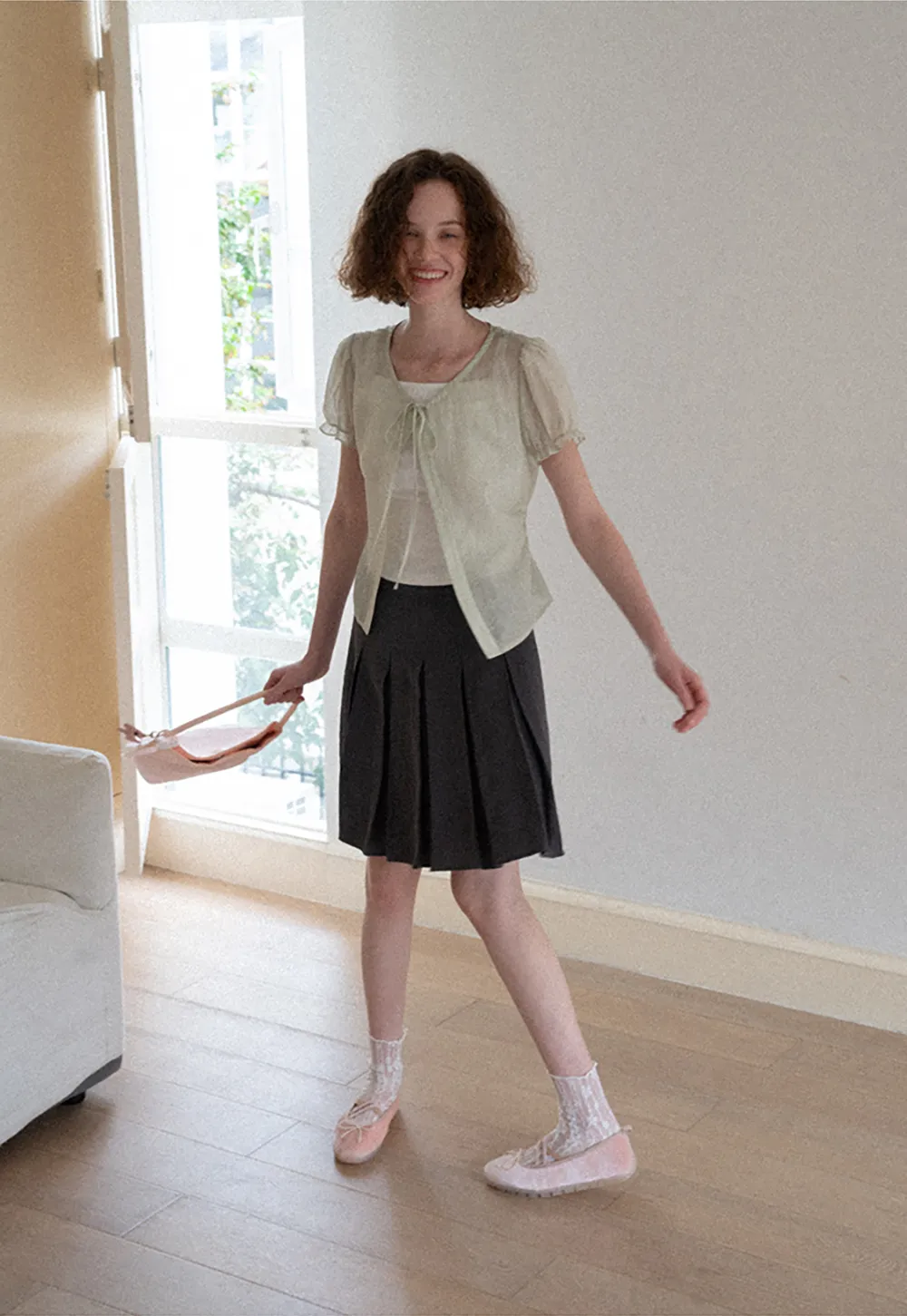 Sheer Organza Short Sleeve Blouse with Tie Front