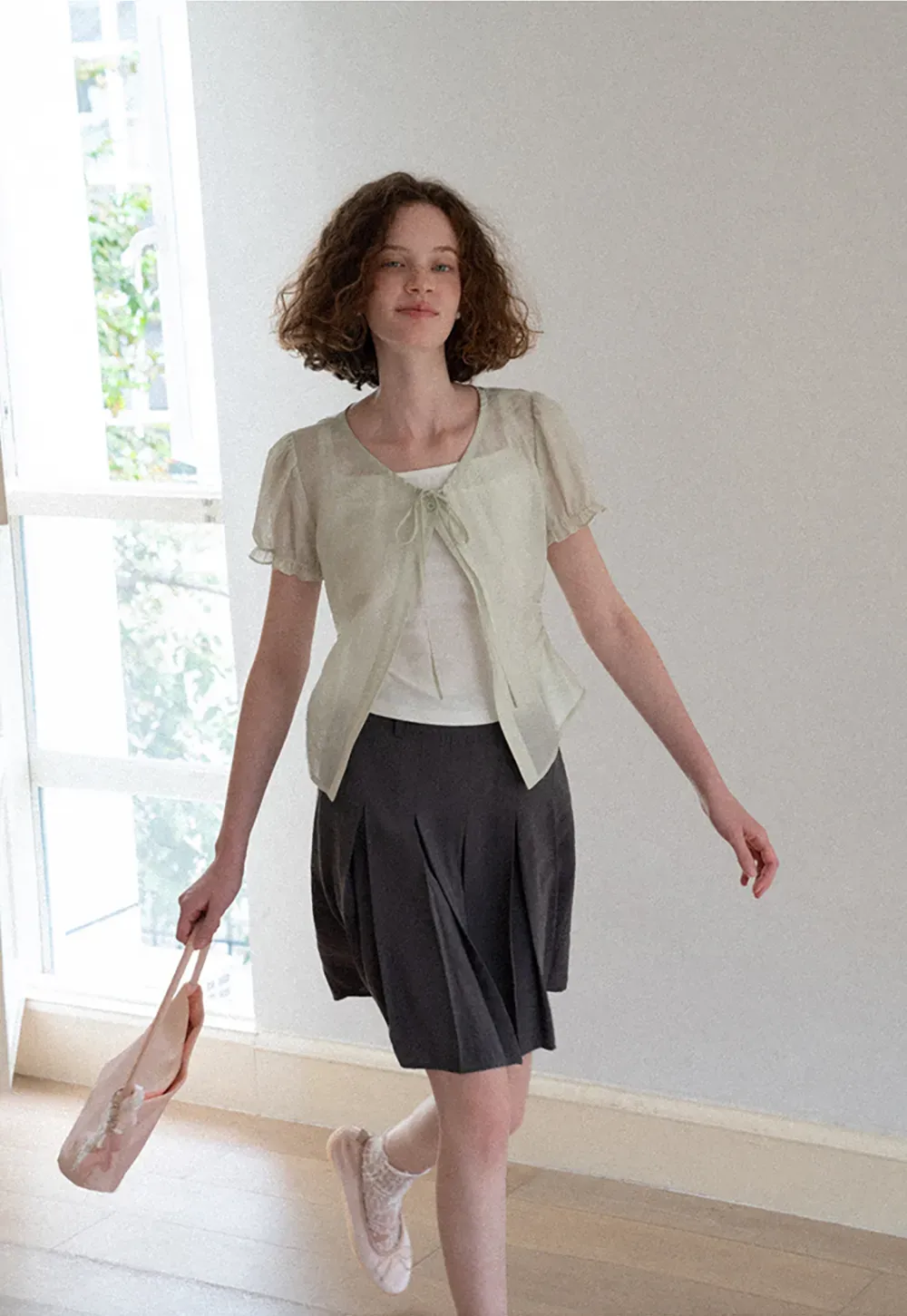Sheer Organza Short Sleeve Blouse with Tie Front