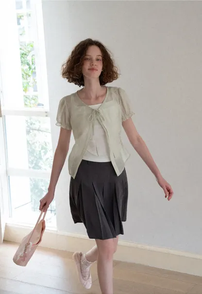 Sheer Organza Short Sleeve Blouse with Tie Front